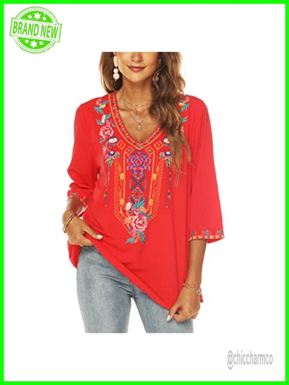 Boho Embroidered Tunic Top V Neck 3/4 Sleeve Loose Peasant Blouse
